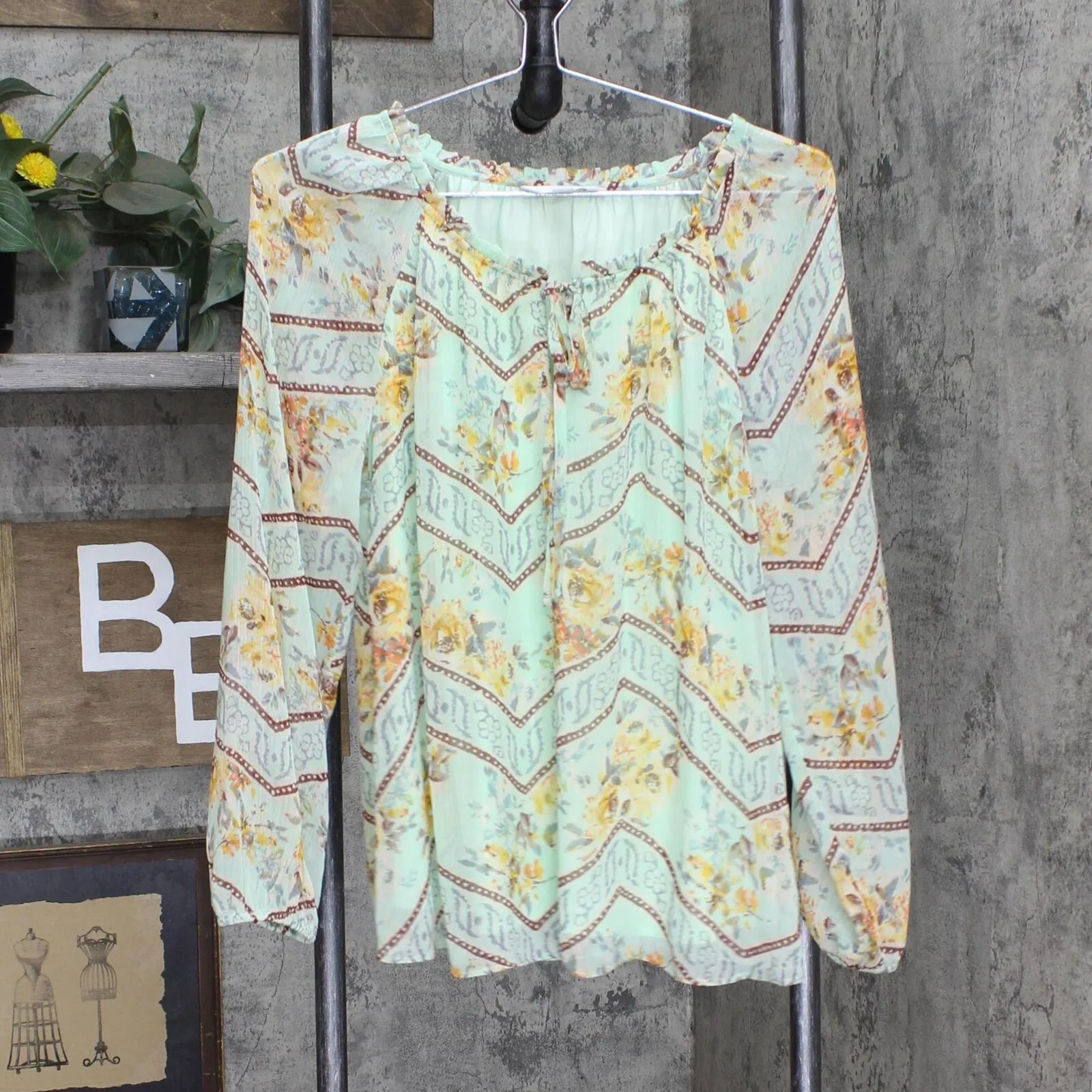 LC Lauren Conrad Womens Lined Ruffle Tie Front Trim Blouse Mint Green S