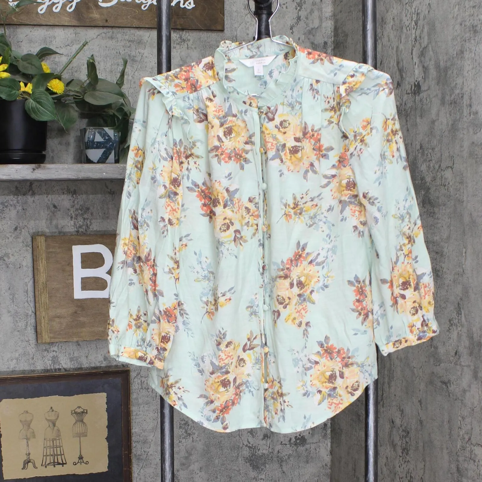 LC Lauren Conrad Womens Long Sleeve Ruffle Neck Button Up Blouse Green S