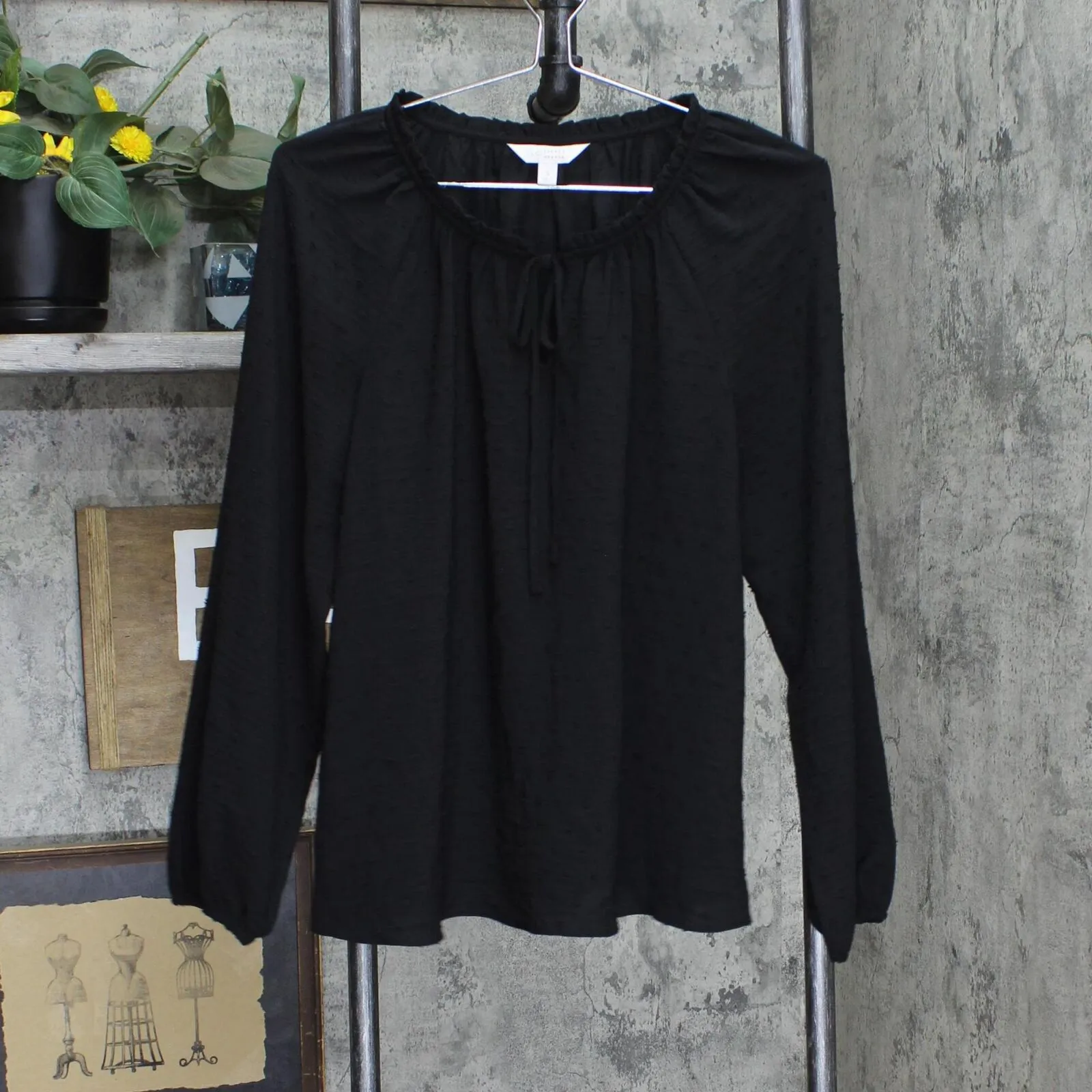 LC Lauren Conrad Womens Pintuck Ruffle Trim Tie Front Blouse Shirt Top Black S