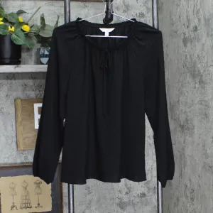 LC Lauren Conrad Womens Pintuck Ruffle Trim Tie Front Blouse Shirt Top Black S