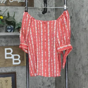 LC Lauren Conrad Woven Button Up Off the Shoulder Blouse Shirt Top Red Floral S