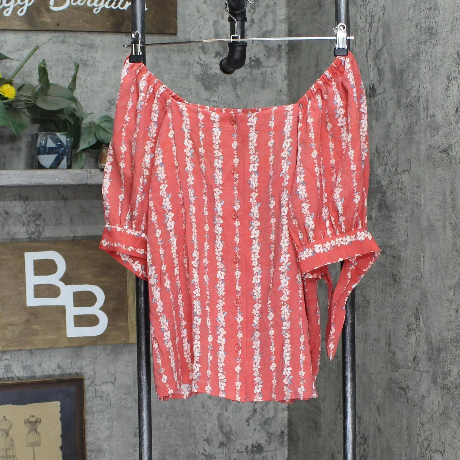 LC Lauren Conrad Woven Button Up Off the Shoulder Blouse Shirt Top Red Floral S