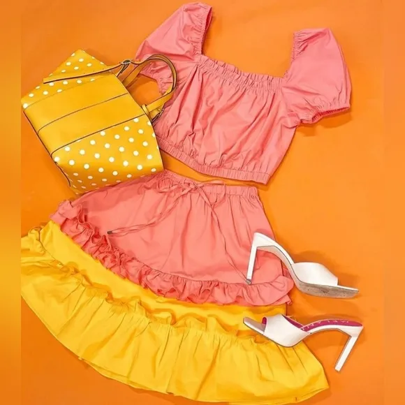 LDT Chloe Color Block Tiered Ruffle Tie Waist Pull-On A-Line Coordinating Skirt