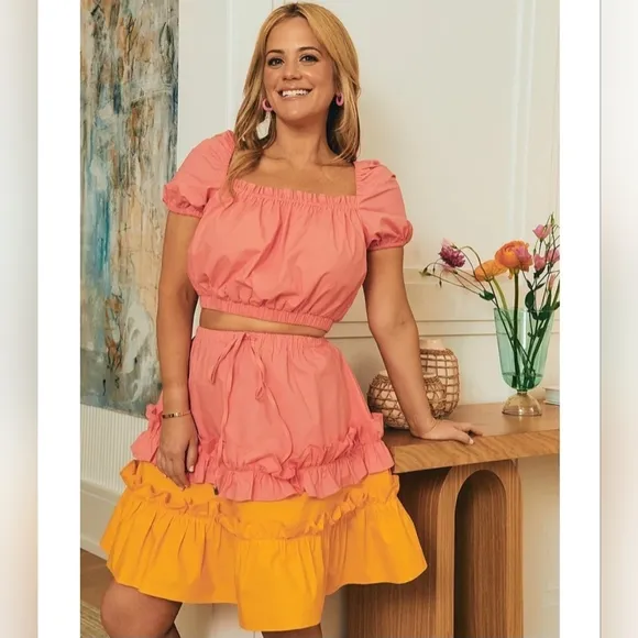 LDT Chloe Color Block Tiered Ruffle Tie Waist Pull-On A-Line Coordinating Skirt