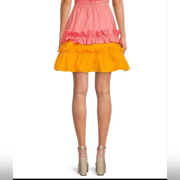 LDT Chloe Color Block Tiered Ruffle Tie Waist Pull-On A-Line Coordinating Skirt