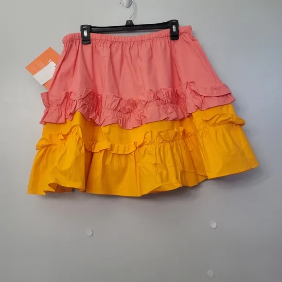 LDT Chloe Color Block Tiered Ruffle Tie Waist Pull-On A-Line Coordinating Skirt