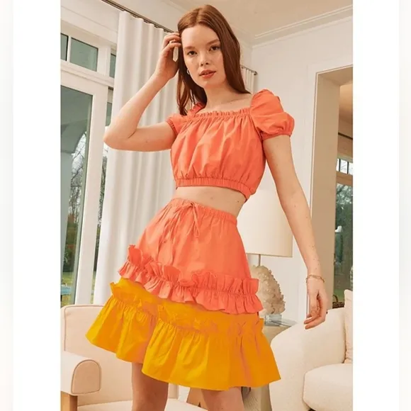 LDT Chloe Color Block Tiered Ruffle Tie Waist Pull-On A-Line Coordinating Skirt