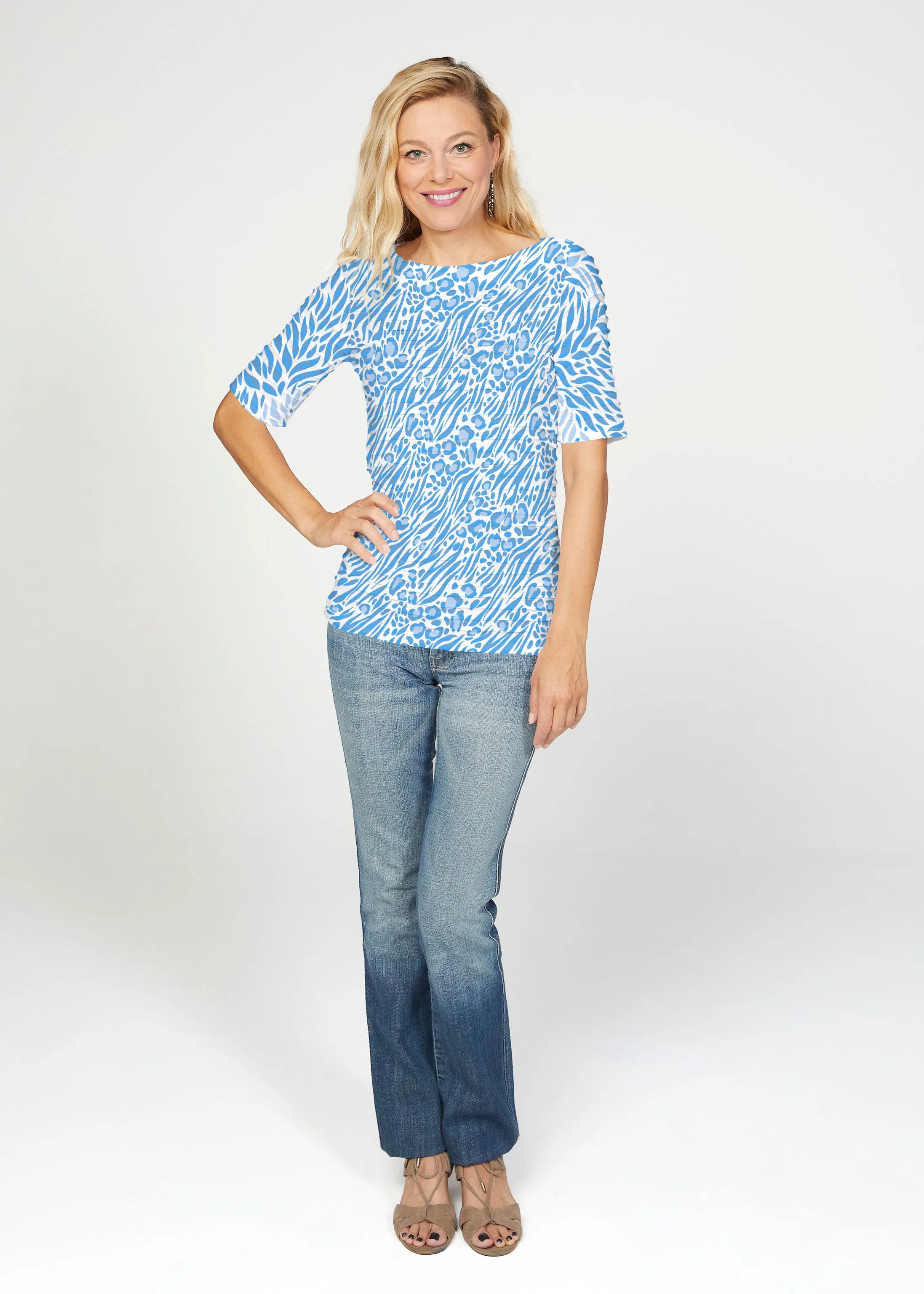 Leo Hotsy Totsy Blue (8166) ~ Banded Elbow Sleeve Boat Neck Top