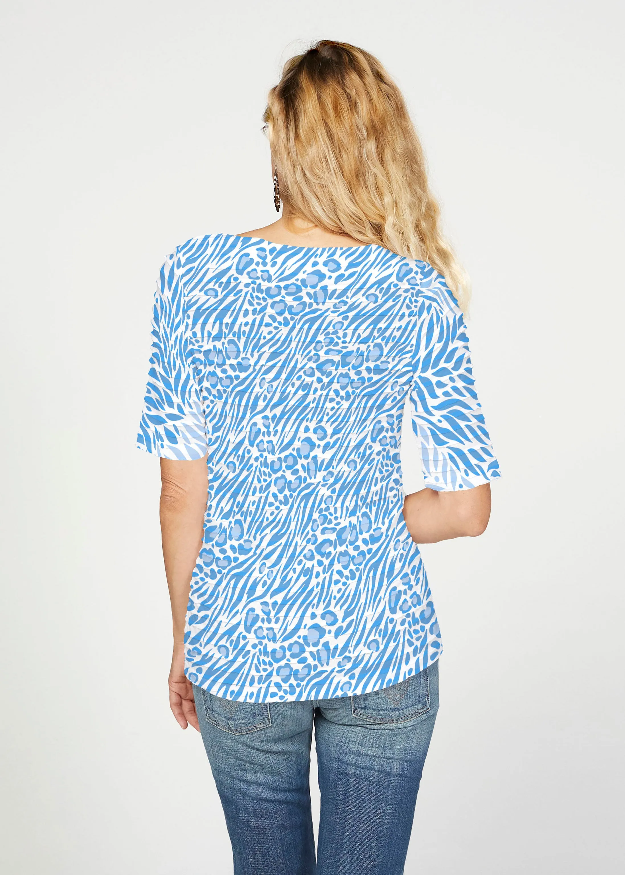 Leo Hotsy Totsy Blue (8166) ~ Banded Elbow Sleeve Boat Neck Top