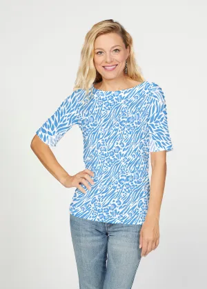 Leo Hotsy Totsy Blue (8166) ~ Banded Elbow Sleeve Boat Neck Top
