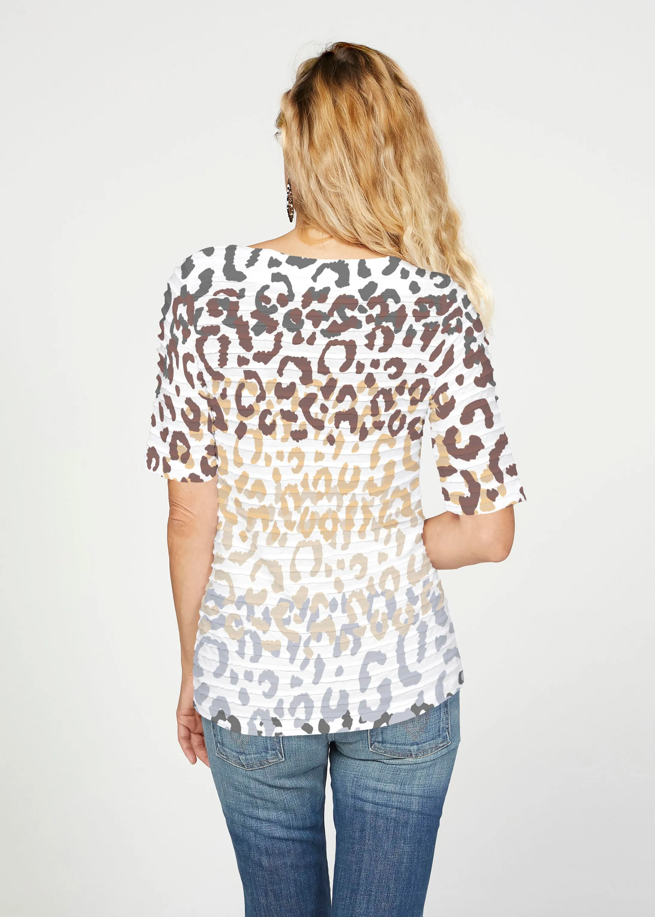 Leopard Ombre (7845) ~ Banded Elbow Sleeve Boat Neck Top