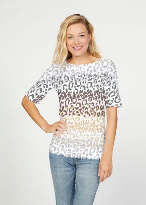 Leopard Ombre (7845) ~ Banded Elbow Sleeve Boat Neck Top