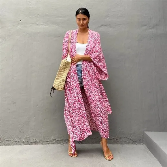 Leopard print polka dot print floor-length thin trench coat belt coat
