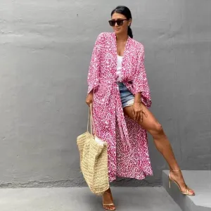 Leopard print polka dot print floor-length thin trench coat belt coat