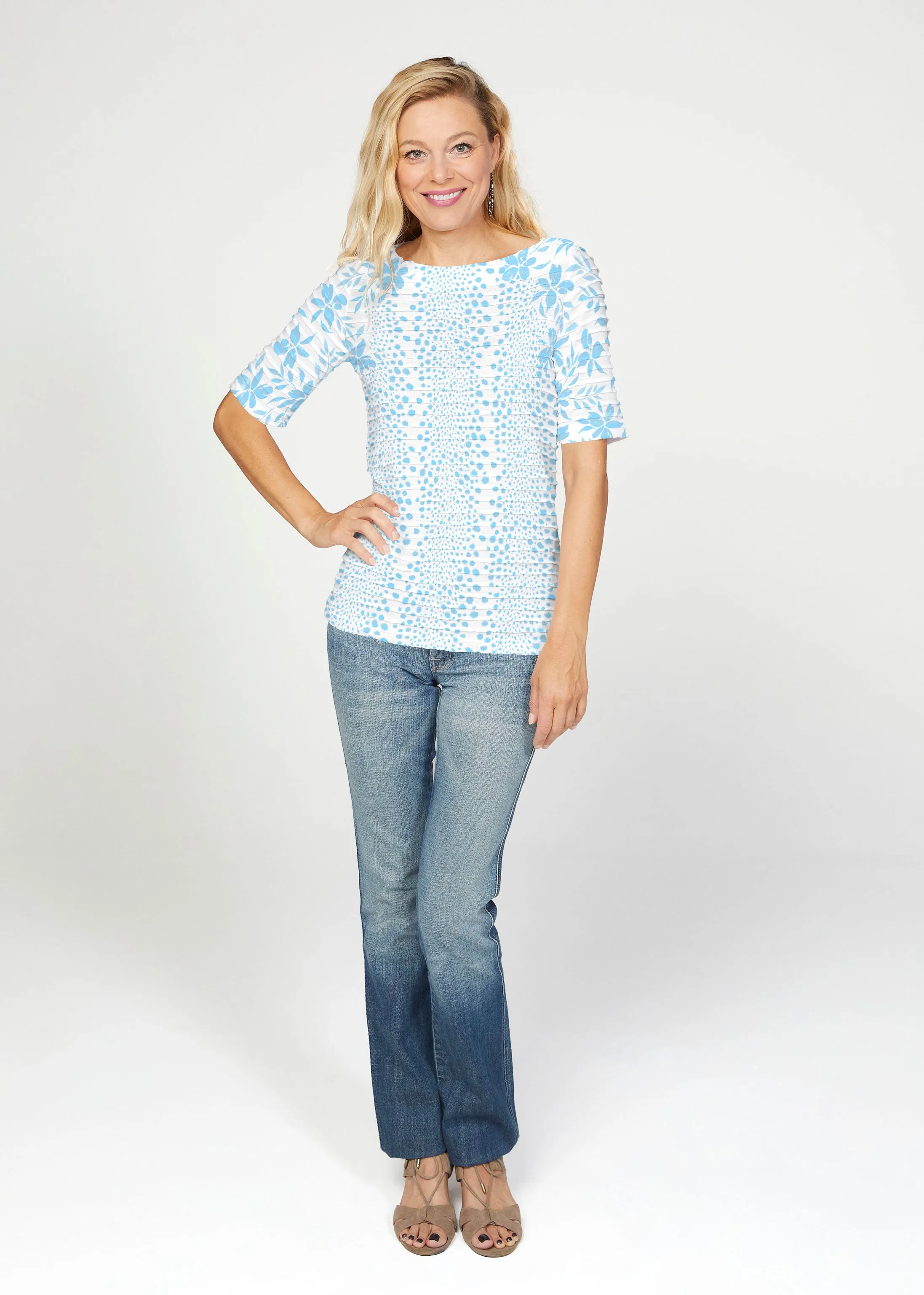 Leopard Rose Aqua (8028) ~ Banded Elbow Sleeve Boat Neck Top