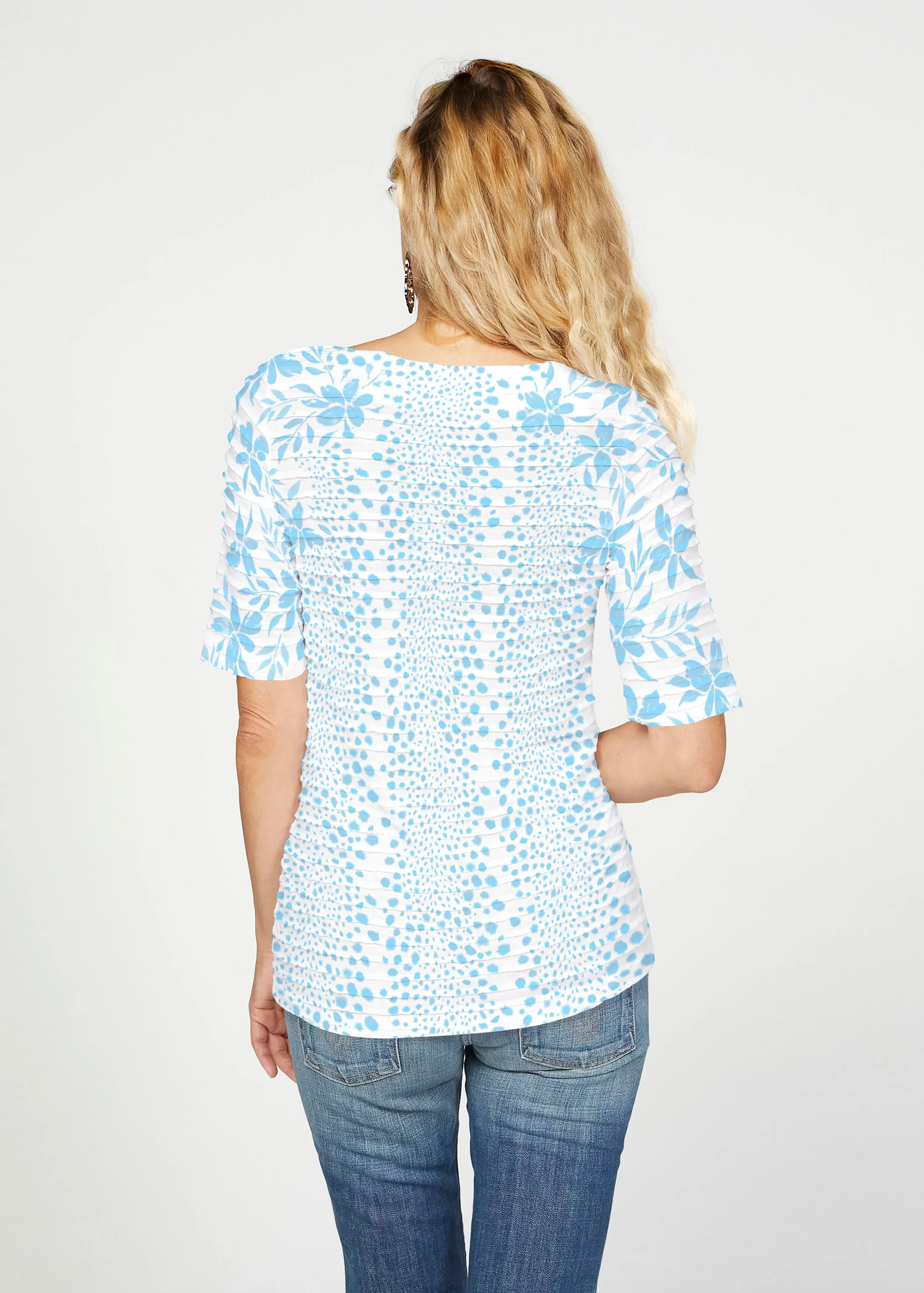 Leopard Rose Aqua (8028) ~ Banded Elbow Sleeve Boat Neck Top