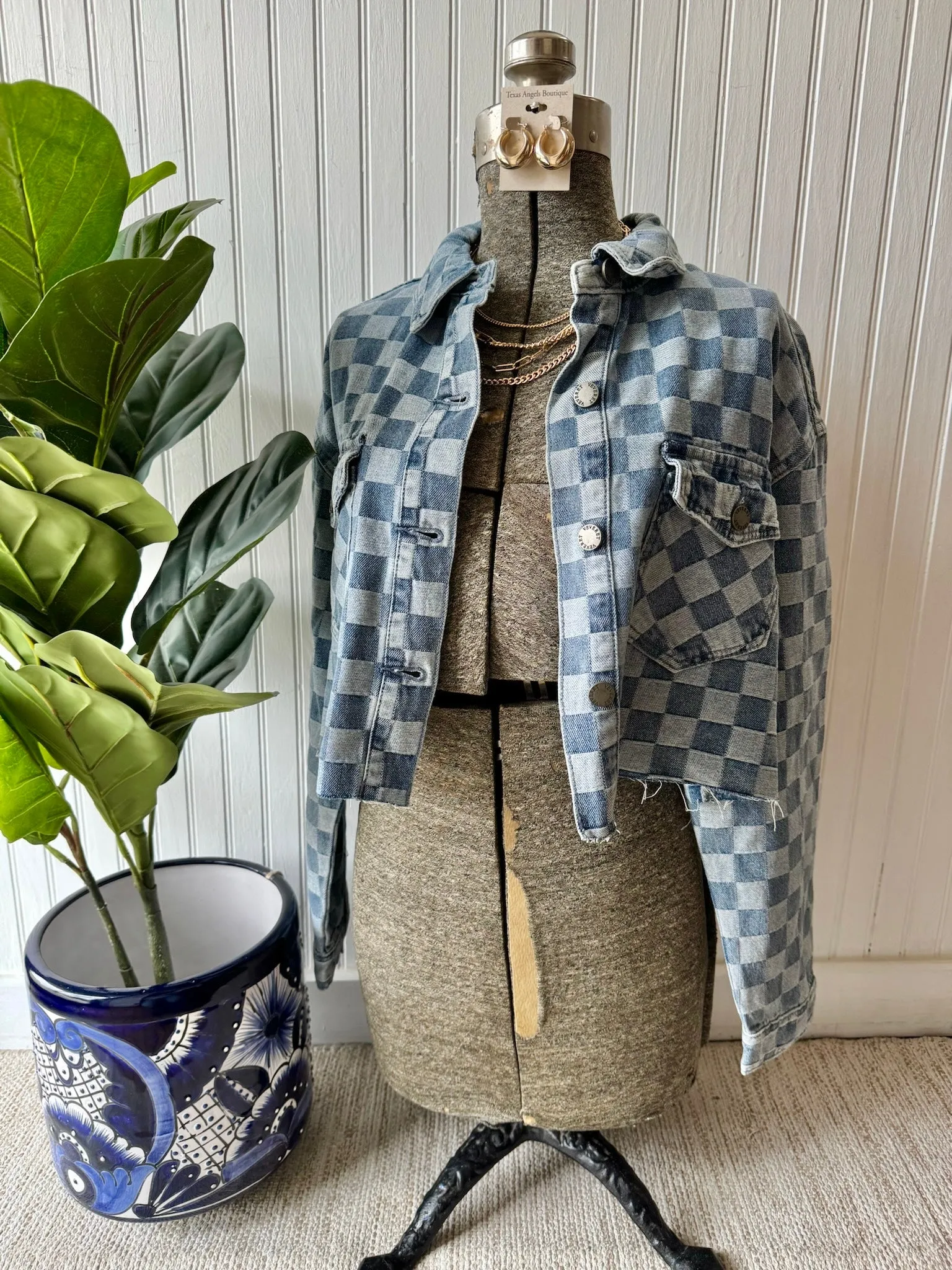 Let's Play Checkered Denim Crop Jacket