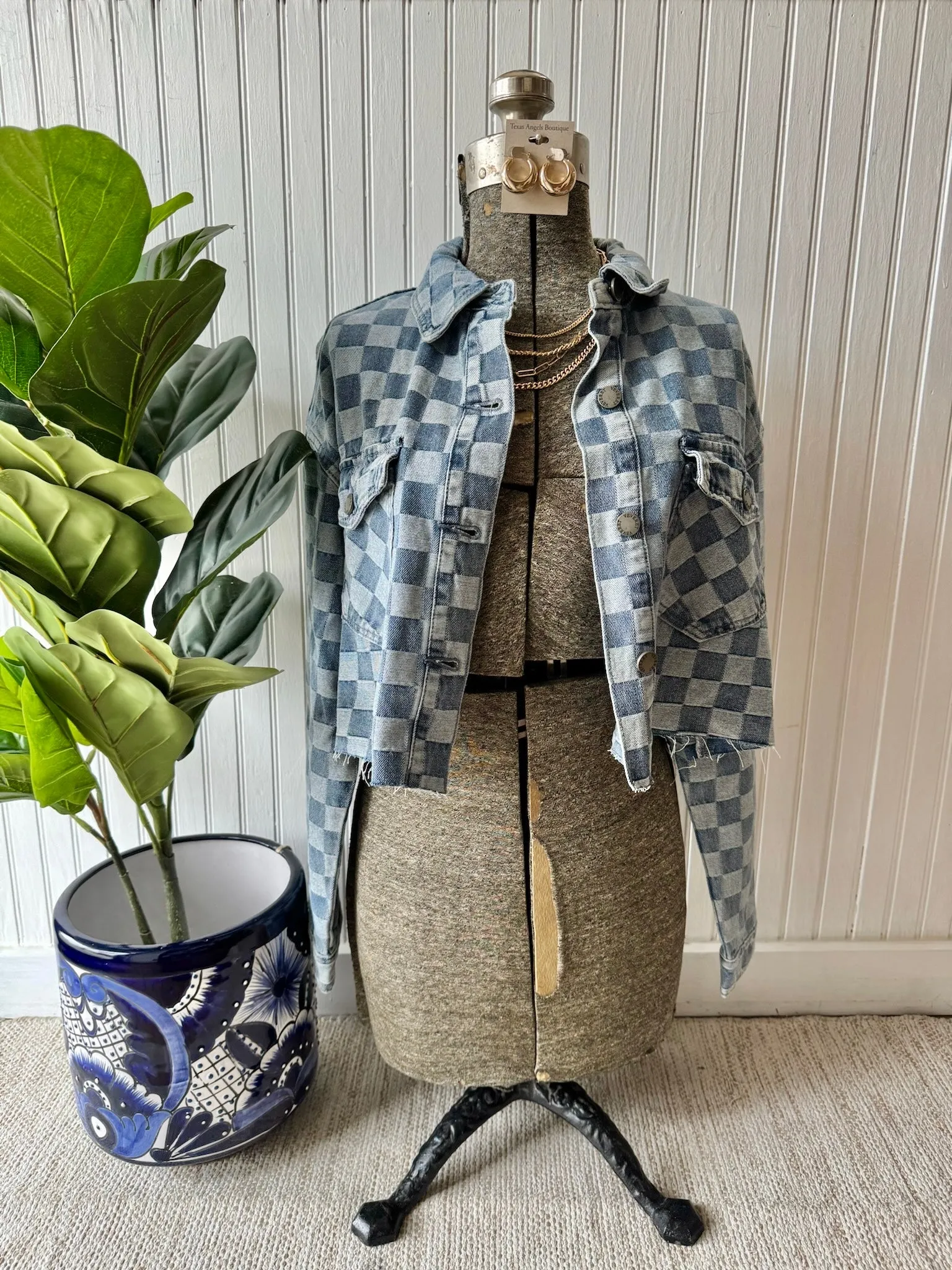 Let's Play Checkered Denim Crop Jacket