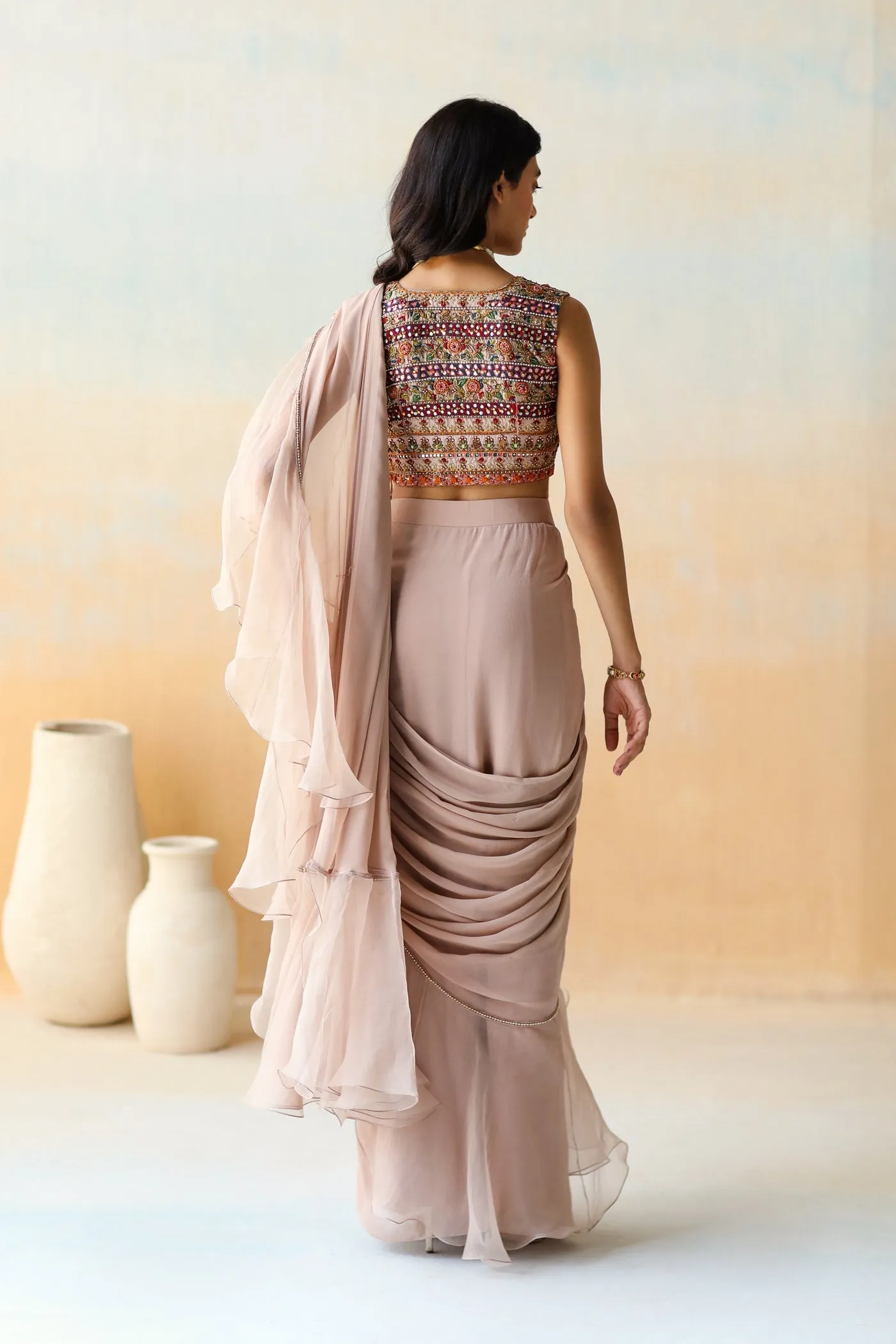 Light Beige Pre-Draped Ruffle Saree Set