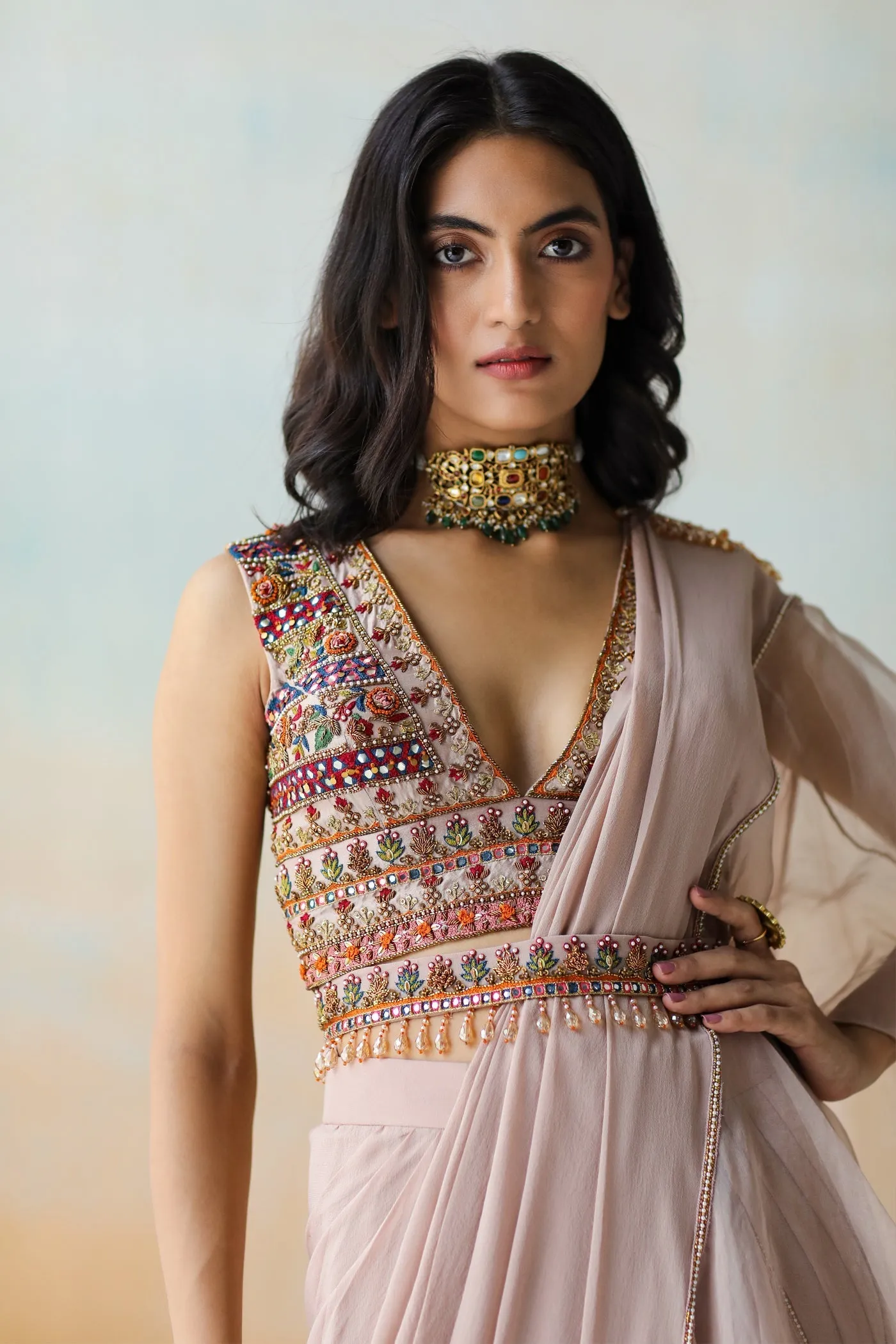 Light Beige Pre-Draped Ruffle Saree Set