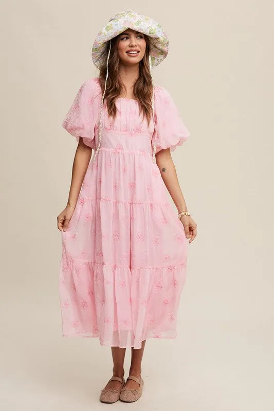 Listicle Flower Embroidered Puff Sleeve Tiered Maxi Dress