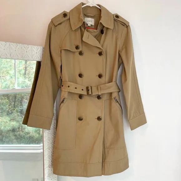 Loft Khaki Tan Crest Brass Button Trench Coat