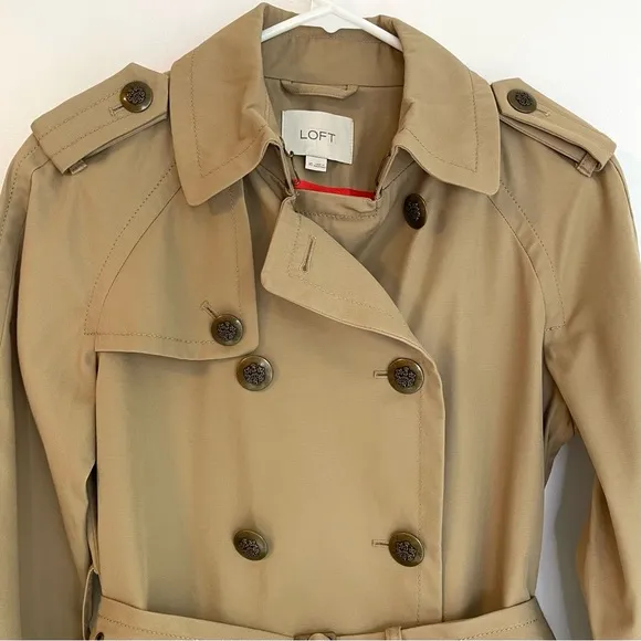 Loft Khaki Tan Crest Brass Button Trench Coat