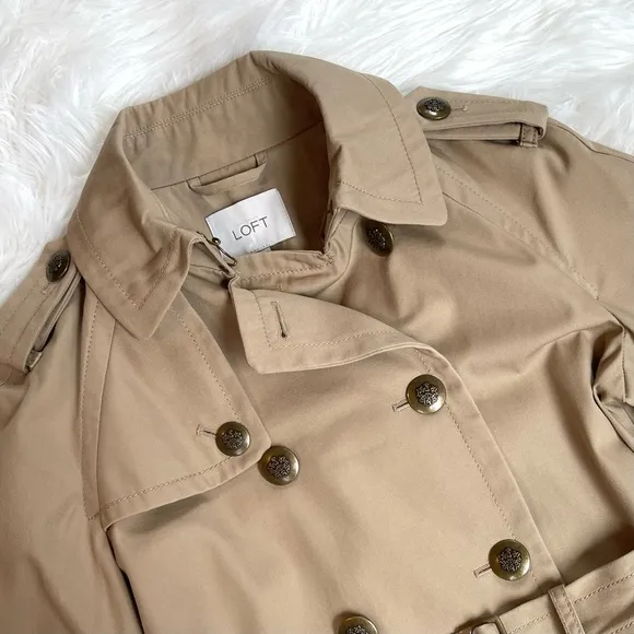 Loft Khaki Tan Crest Brass Button Trench Coat