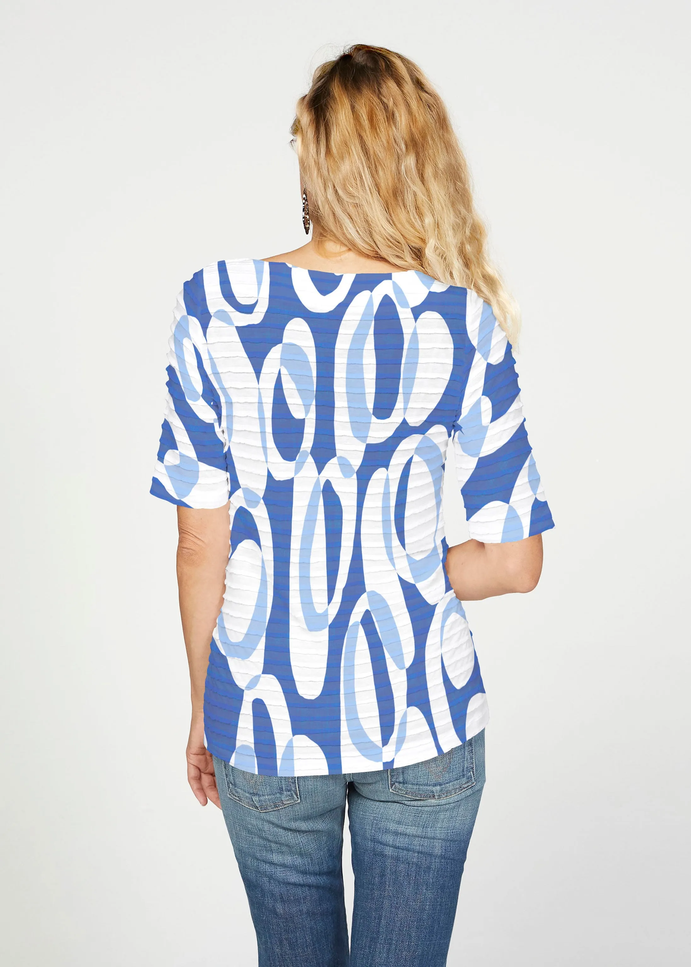 Loop ta Loop Blue (8086) ~ Banded Elbow Sleeve Boat Neck Top
