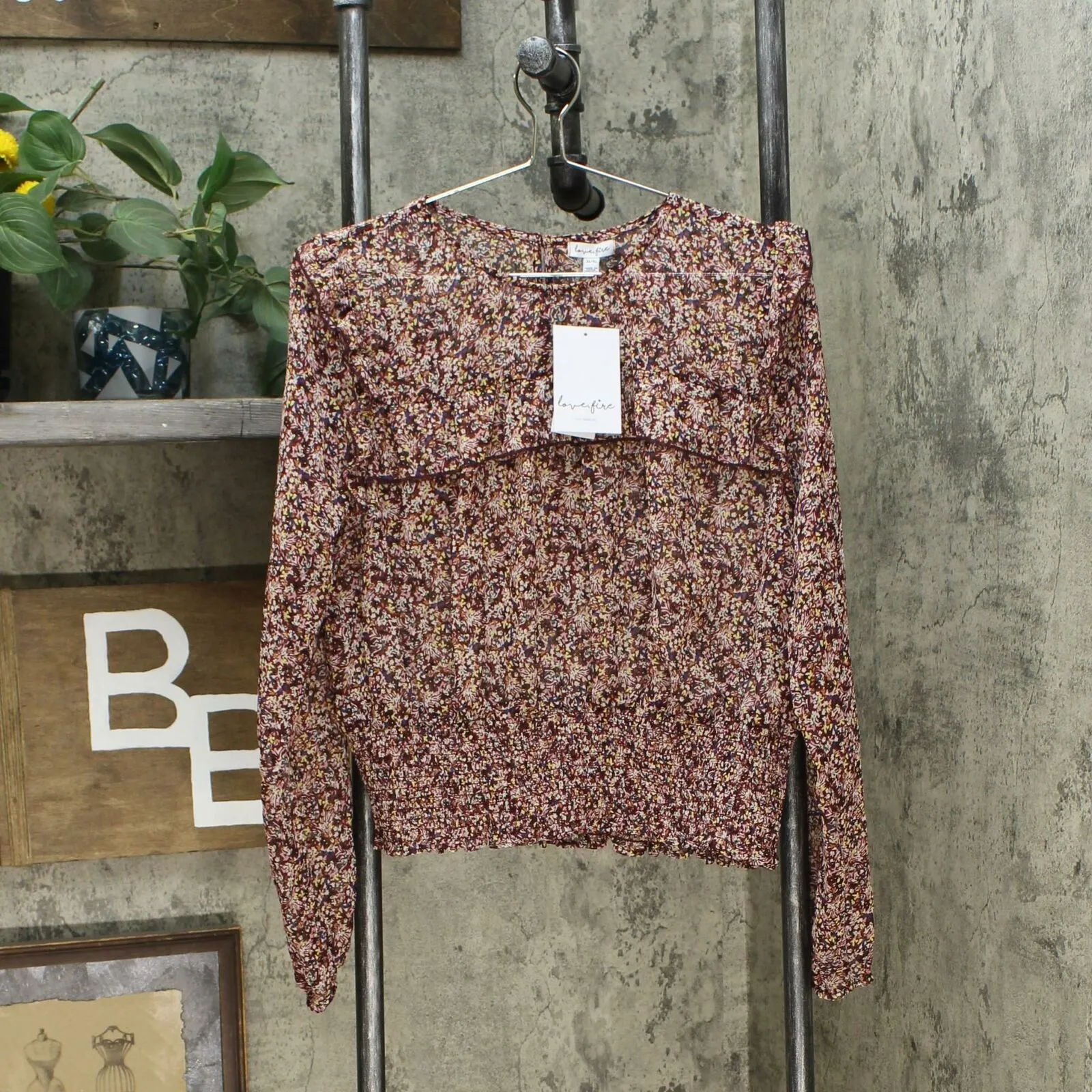 Love, Fire Women's Floral Smocked Waist Long Sleeve Blouse