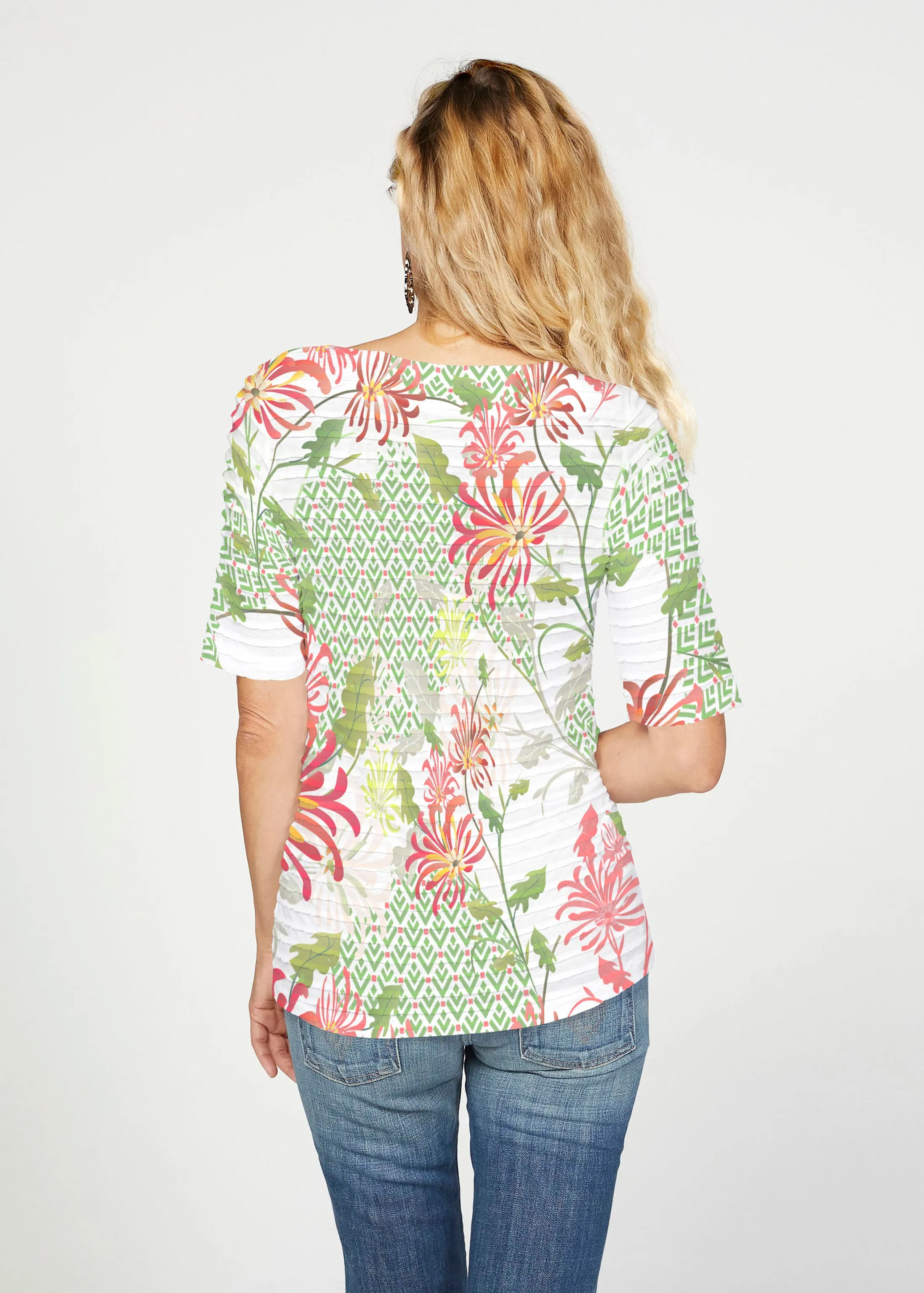 Lucia Green (8089) ~ Banded Elbow Sleeve Boat Neck Top