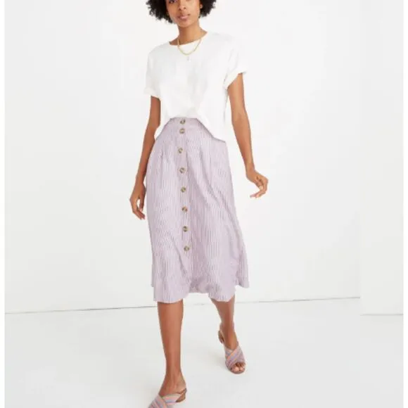 MADEWELL Pleated Midi Skirt. Size 4. Button-front, lilac stripe light academia