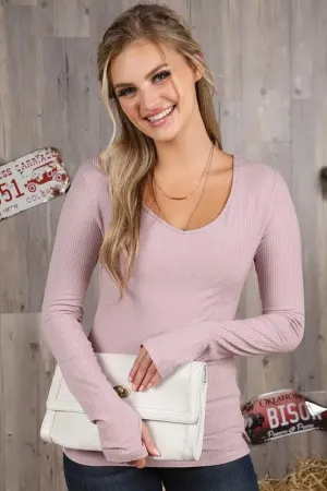 Mauve V-Neck Long Sleeve Rib Top with Thumb Openings