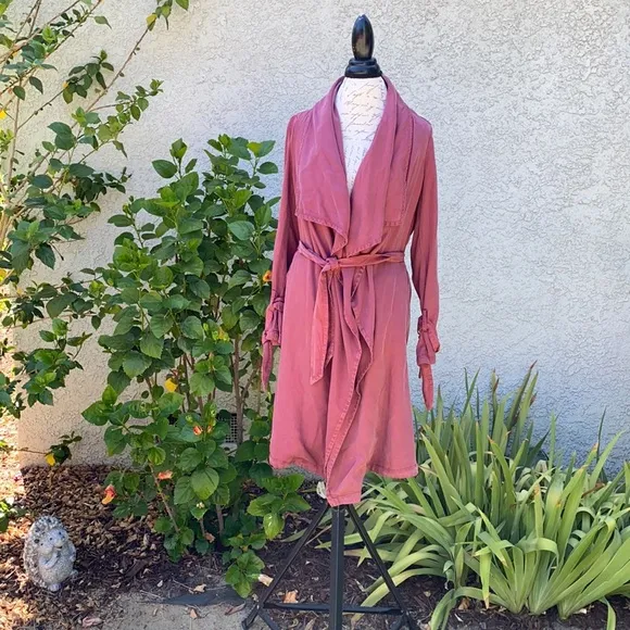 Max Jeans Maroon Pink Waterfall Drape Tencel Midi Trench Coat Cardigan Duster