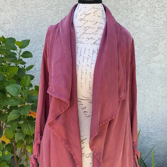 Max Jeans Maroon Pink Waterfall Drape Tencel Midi Trench Coat Cardigan Duster