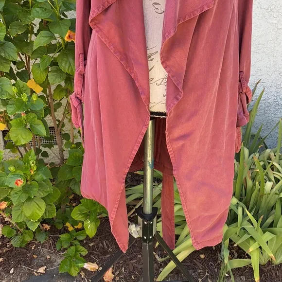 Max Jeans Maroon Pink Waterfall Drape Tencel Midi Trench Coat Cardigan Duster
