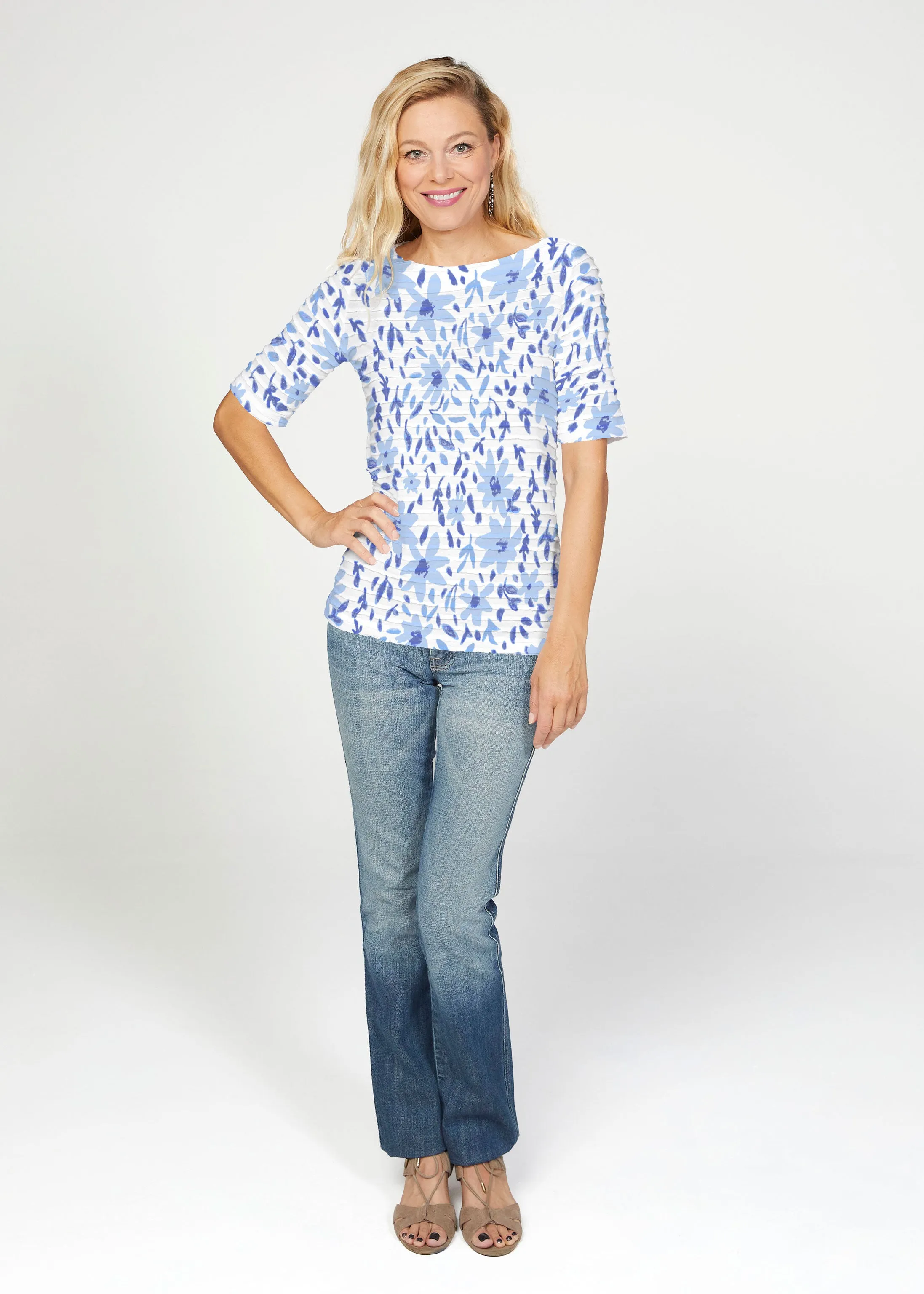May Flowers (8027) ~ Banded Elbow Sleeve Boat Neck Top