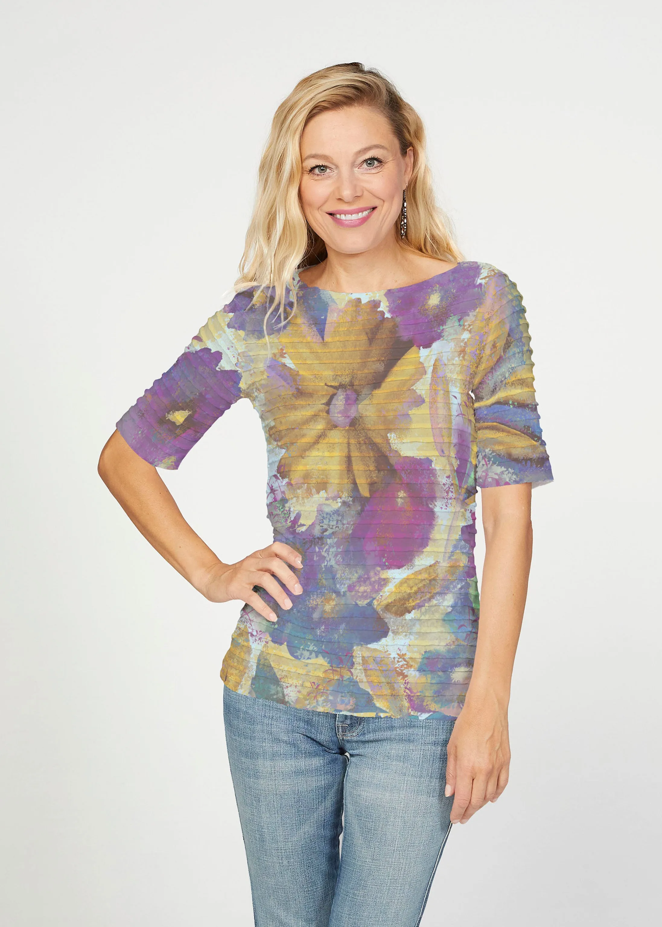 Maya (17266) ~ Banded Elbow Sleeve Boat Neck Top