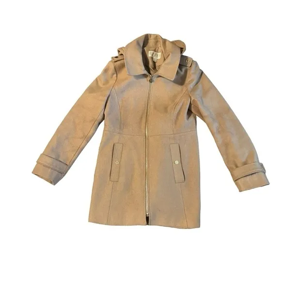Michael Kors Womens M Beige Camel Tan Wool Blend Trench Overcoat Detachable Hood