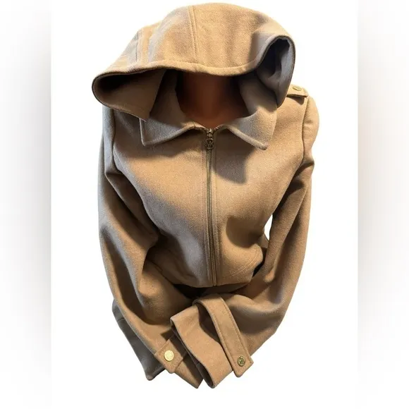 Michael Kors Womens M Beige Camel Tan Wool Blend Trench Overcoat Detachable Hood
