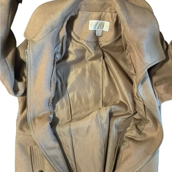 Michael Kors Womens M Beige Camel Tan Wool Blend Trench Overcoat Detachable Hood
