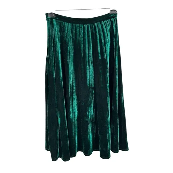 Midi Skirt Size Large A-Line Emerald Green Velvet High Waist Goth Witchy
