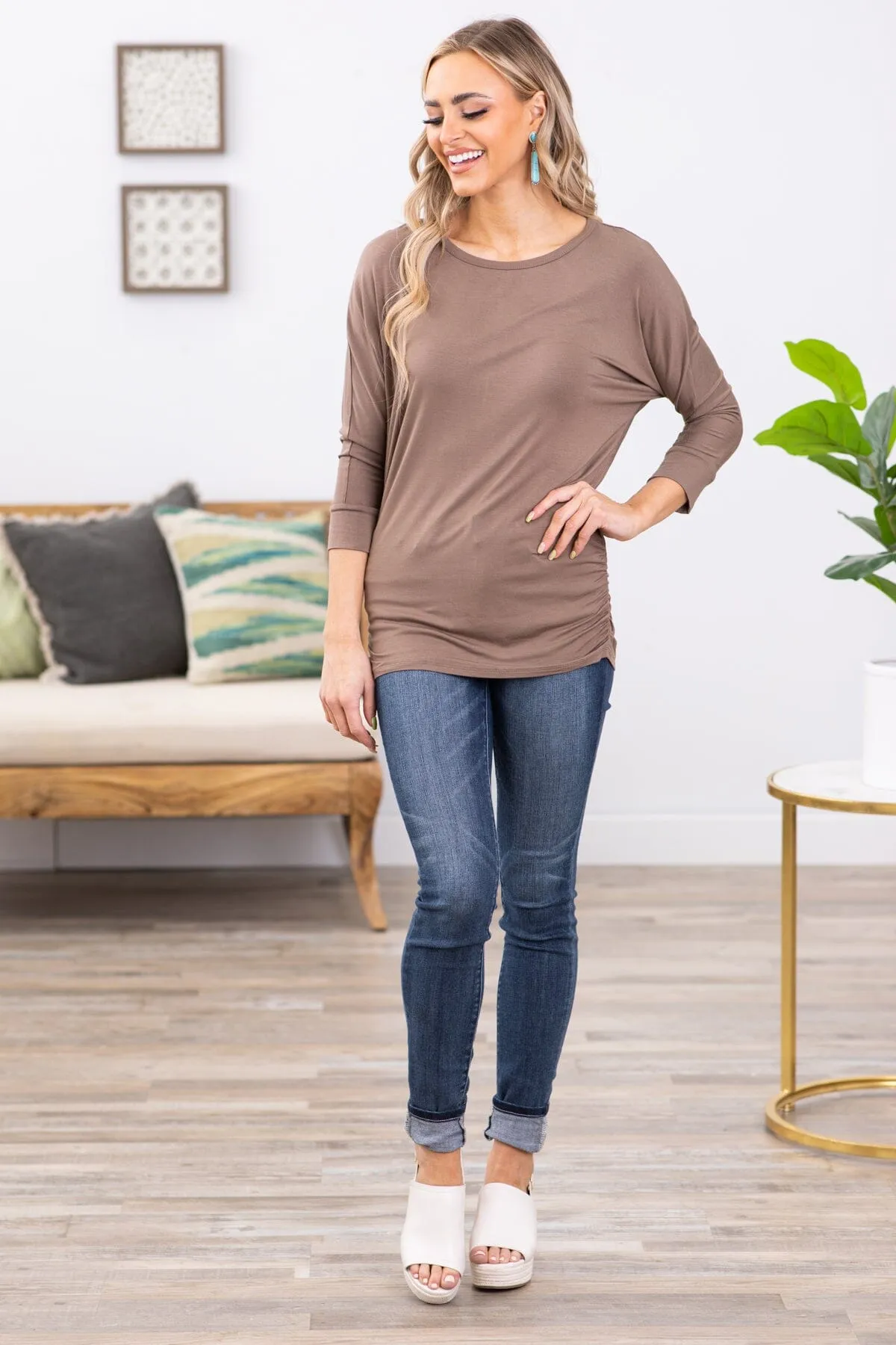 Mocha Dolman Sleeve Boat Neck Top