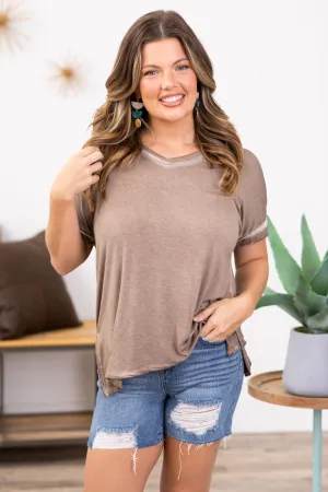 Mocha Washed V-Neck Top