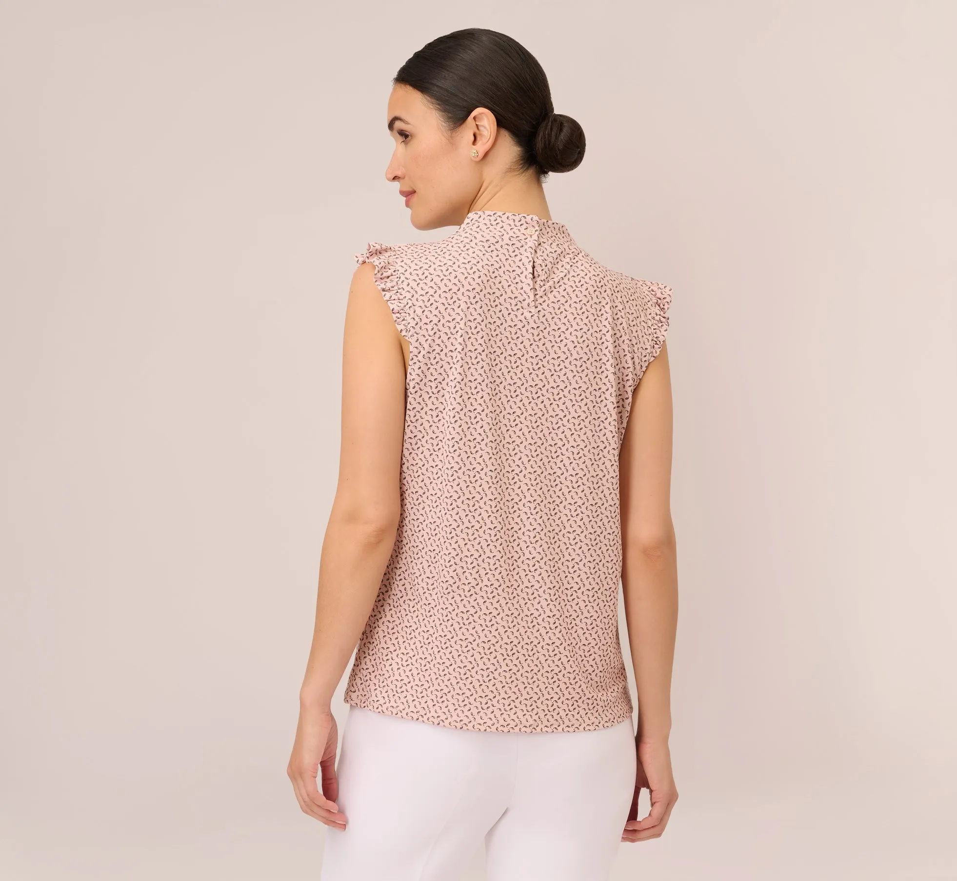 Mock Neck Print Top With Ruffled Details In Champagne Blowing Leaf