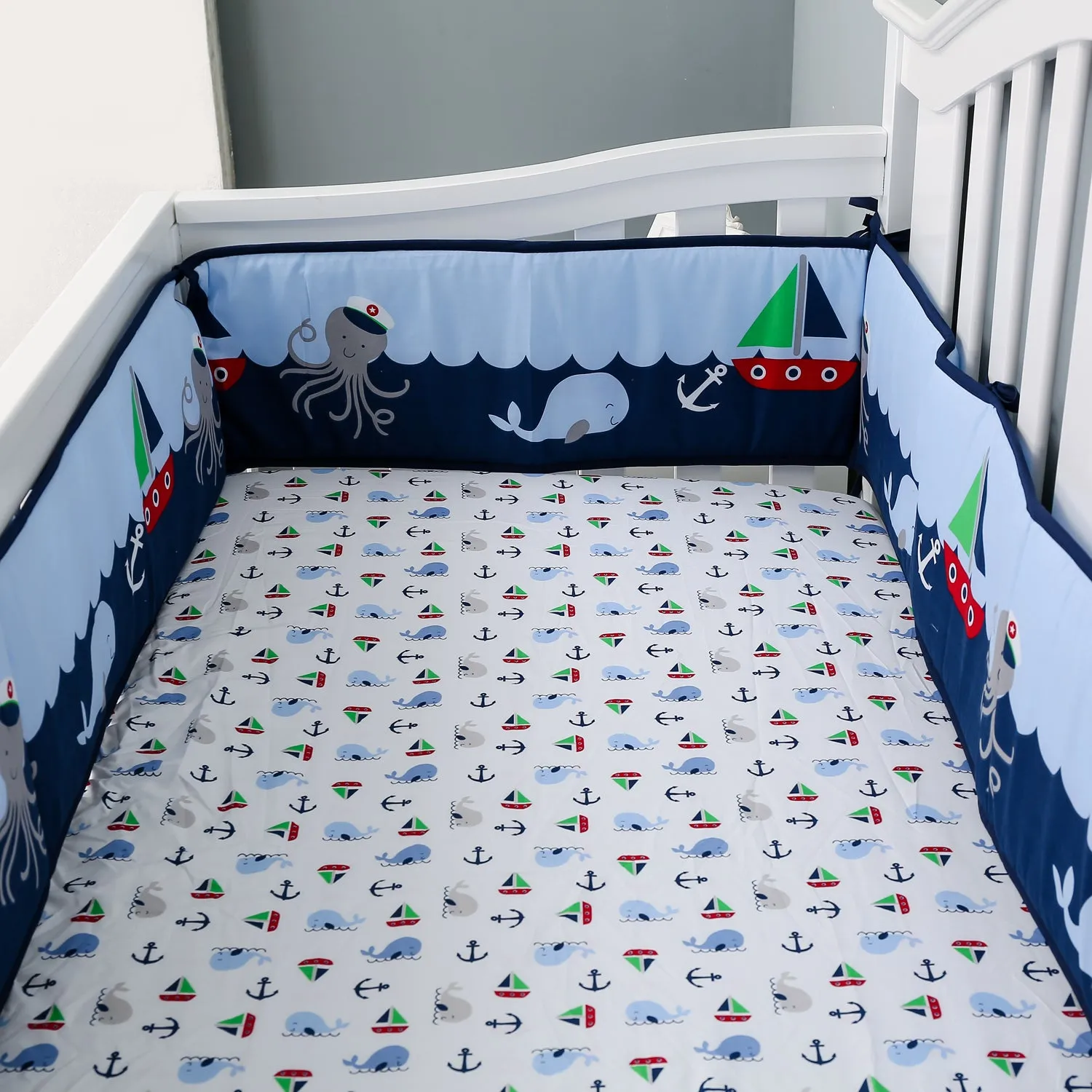 Nautical 5-piece crib bedding set with sailboat, octopus, whale