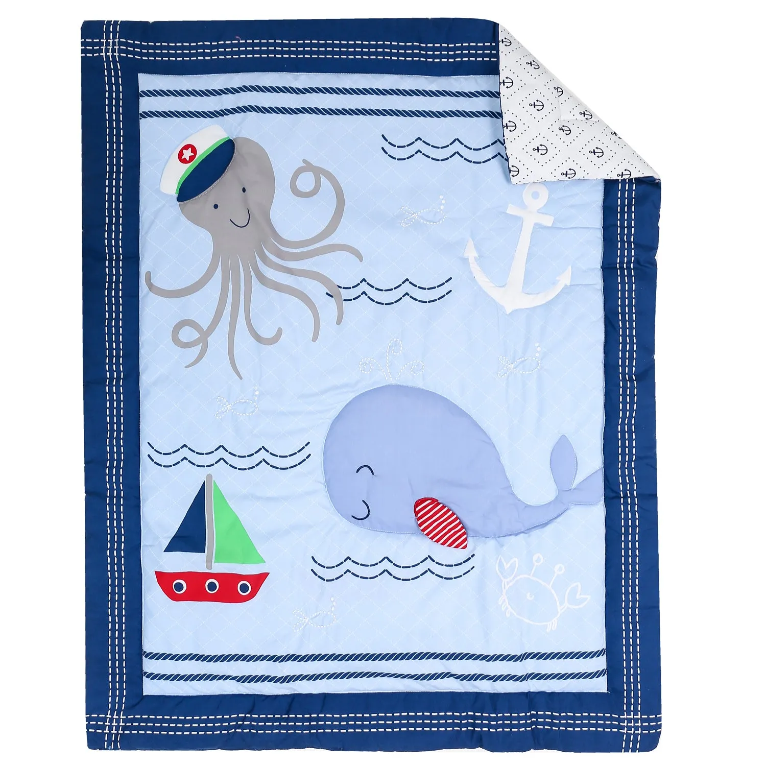 Nautical 5-piece crib bedding set with sailboat, octopus, whale