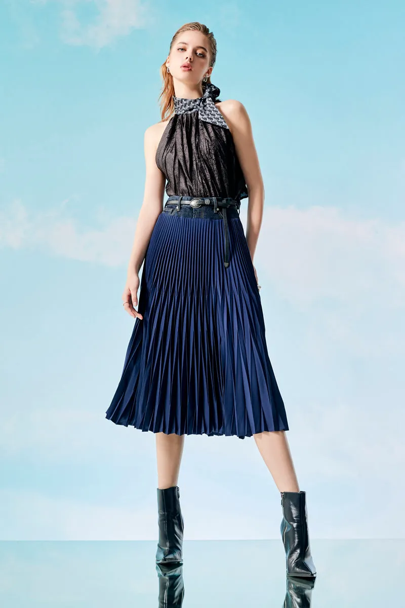 Navy Pleated Skirt with Denim Waistband