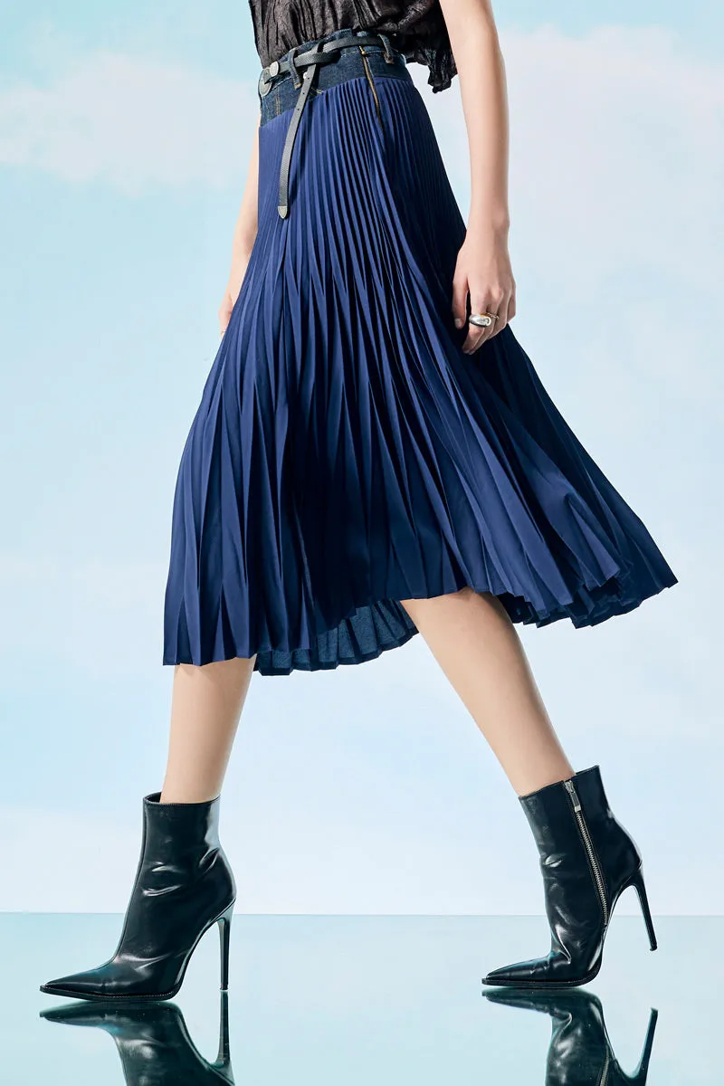 Navy Pleated Skirt with Denim Waistband