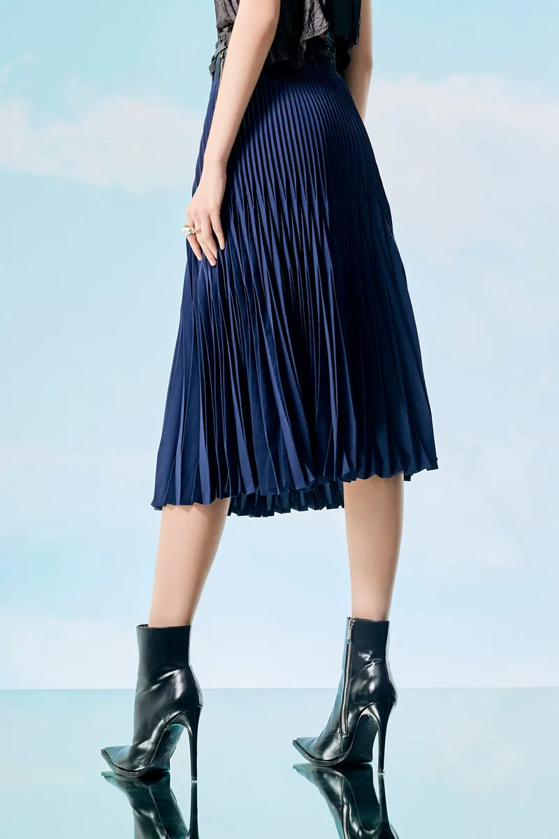 Navy Pleated Skirt with Denim Waistband